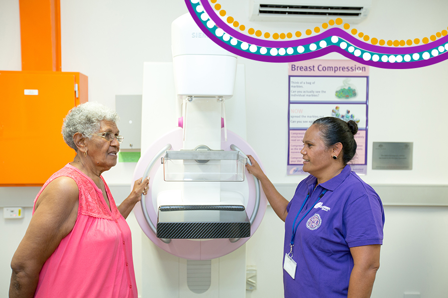 Aboriginal and Torres Strait Islander women standing at breast xray device
