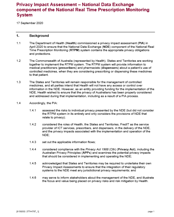 Real Time Prescription Monitoring public summary of the Privacy Impact Assessment