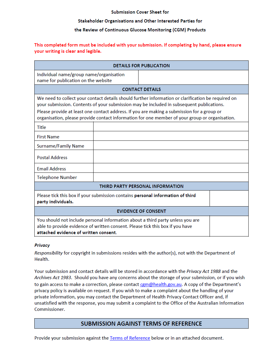 Review of CGM products – submission cover sheet