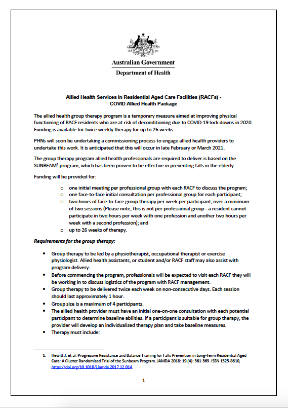 Allied Health Services in Residential Aged Care Facilities (RACFs) – COVID Allied Health Package title page