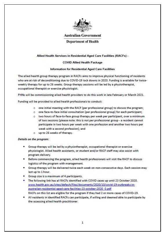 COVID Allied Health Package Information for Residential Aged Care Facilities cover