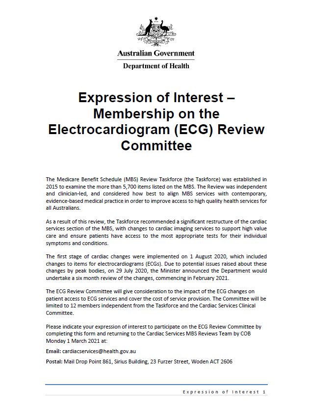 Expression of Interest – Membership on the Electrocardiogram (ECG) Review Committee cover