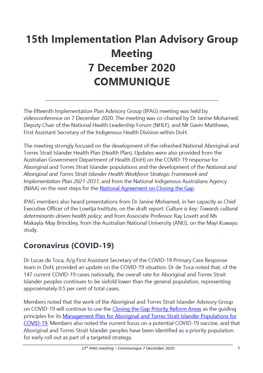 Implementation Plan Advisory Group (IPAG) communique – 7 December 2020