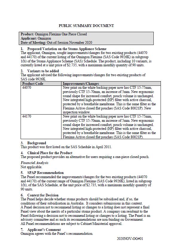 Cover image for SPAP public summary documents – November 2020 out of session – Omnigon Flexima 1-piece closed