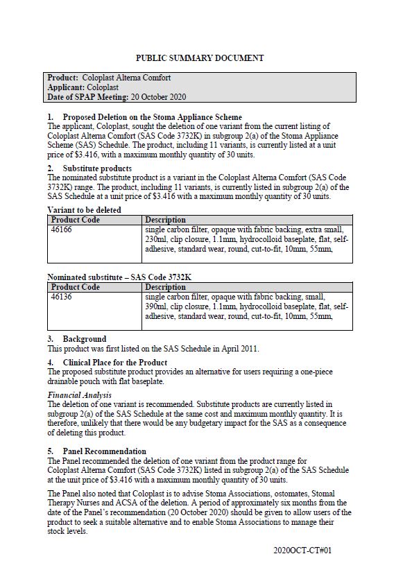 Cover image for SPAP public summary documents – October 2020 – Coloplast Alterna Comfort one-piece drainable pouch with flat baseplate