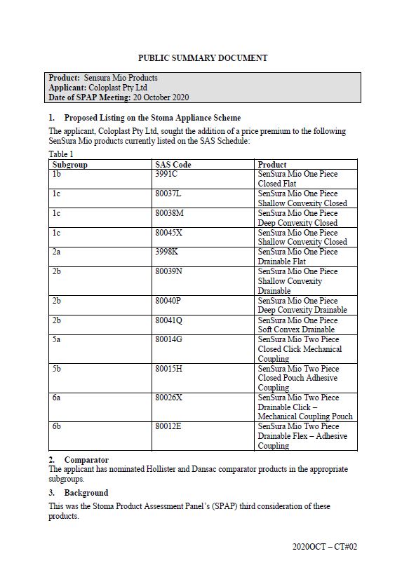 Cover image for SPAP public summary documents – October 2020 – Coloplast SenSura Mio products price premium