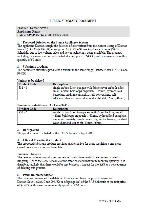 Cover image for SPAP public summary documents – October 2020 – Dansac Nova 1 one-piece closed pouch with a convex baseplate