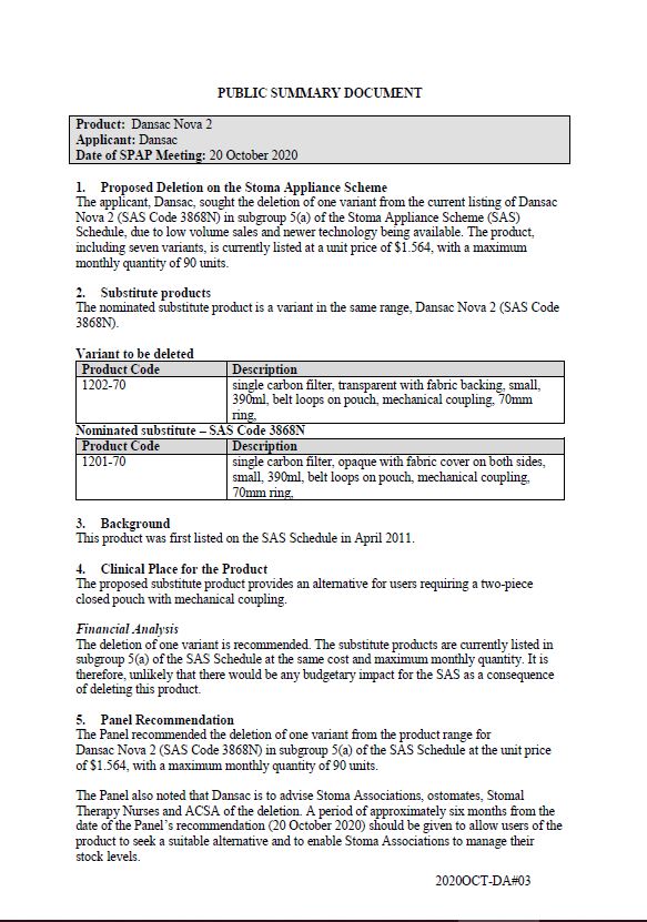 Cover image for SPAP public summary documents – October 2020 – Dansac Nova 2 two-piece closed pouch with mechanical coupling