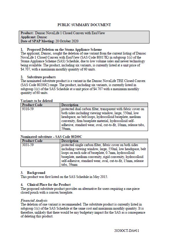 Cover image for SPAP public summary documents – October 2020 – Dansac NovaLife 1 closed convex with EasiView