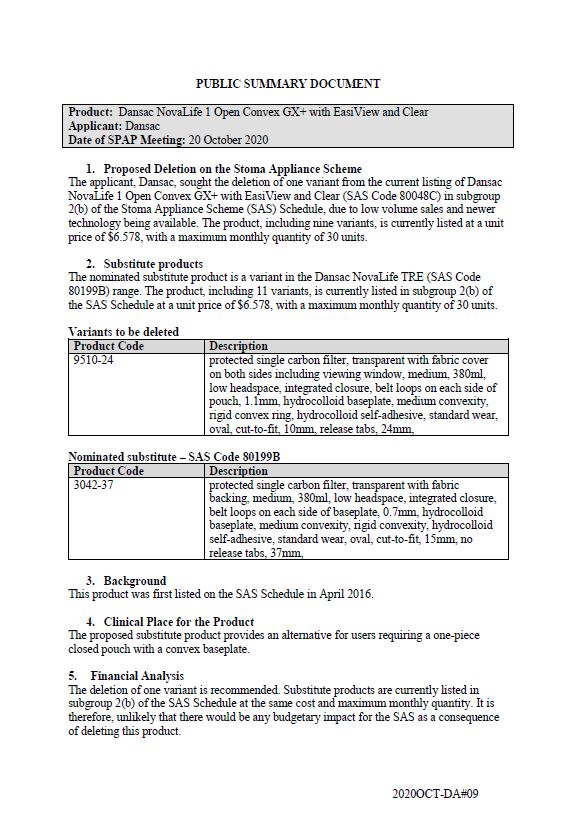 Cover image for SPAP public summary documents – October 2020 – Dansac NovaLife 1 open convex GX+ with EasiView and clear