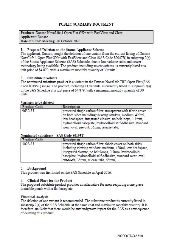 Cover image for SPAP public summary documents – October 2020 – Dansac NovaLife 1 open flat GX+ with EasiView and clear