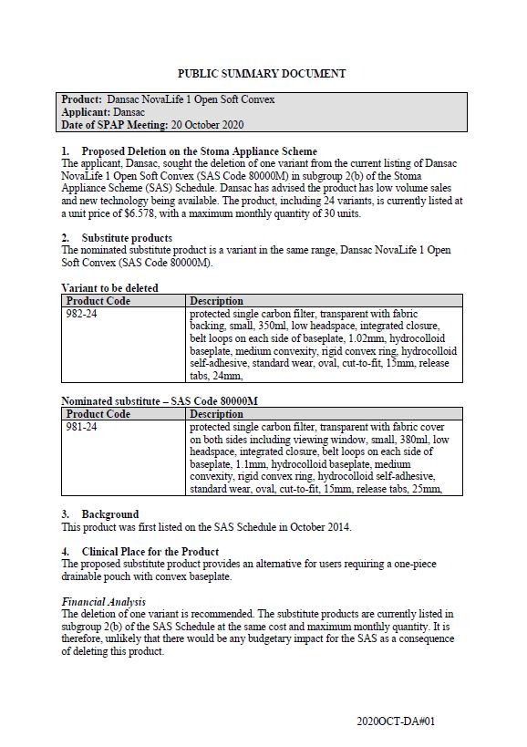 Cover image for SPAP public summary documents – October 2020 – Dansac NovaLife 1 open soft convex