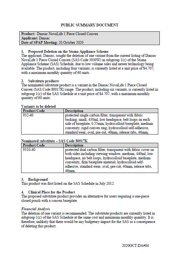 Cover image for SPAP public summary documents – October 2020 – Dansac NovaLife 1-piece closed convex