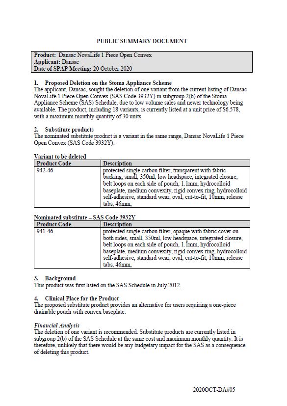 Cover image for SPAP public summary documents – October 2020 – Dansac NovaLife 1-piece open convex