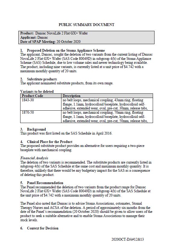 Cover image for SPAP public summary documents – October 2020 – Dansac NovaLife 2 Flat GX+ Wafer