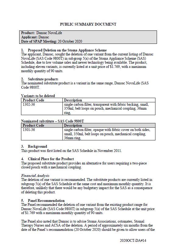 Cover image for SPAP public summary documents – October 2020 – Dansac NovaLife 2-piece closed pouch with a mechanical coupling