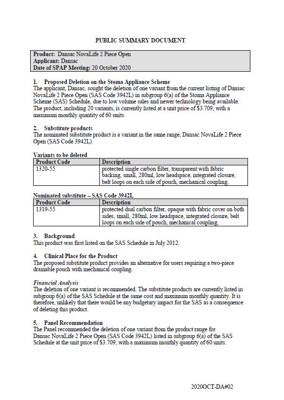 Cover image for SPAP public summary documents – October 2020 – Dansac NovaLife 2-piece open