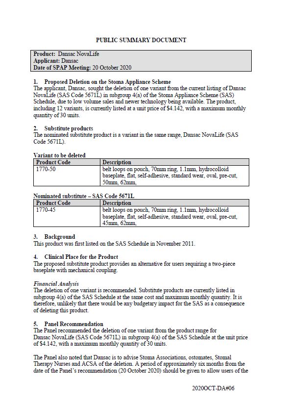 Cover image for SPAP public summary documents – October 2020 – Dansac NovaLife two-piece baseplate with mechanical coupling