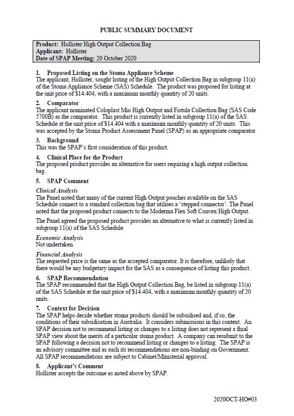Cover image for SPAP public summary documents – October 2020 – Hollister high output collection bag