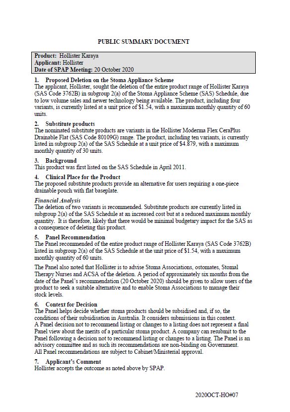 Cover image for SPAP public summary documents – October 2020 – Hollister Karaya 1-piece drainable pouch with flat baseplate