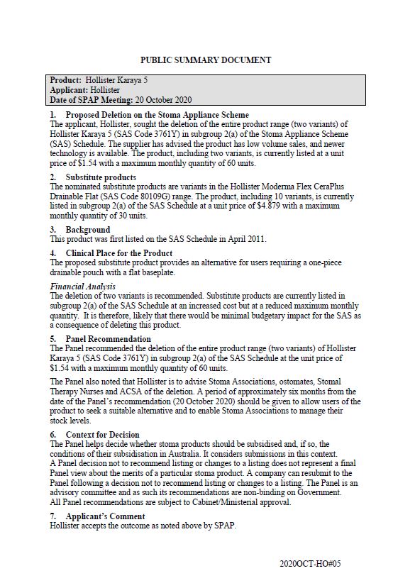 Cover image for SPAP public summary documents – October 2020 – Hollister Karaya 5