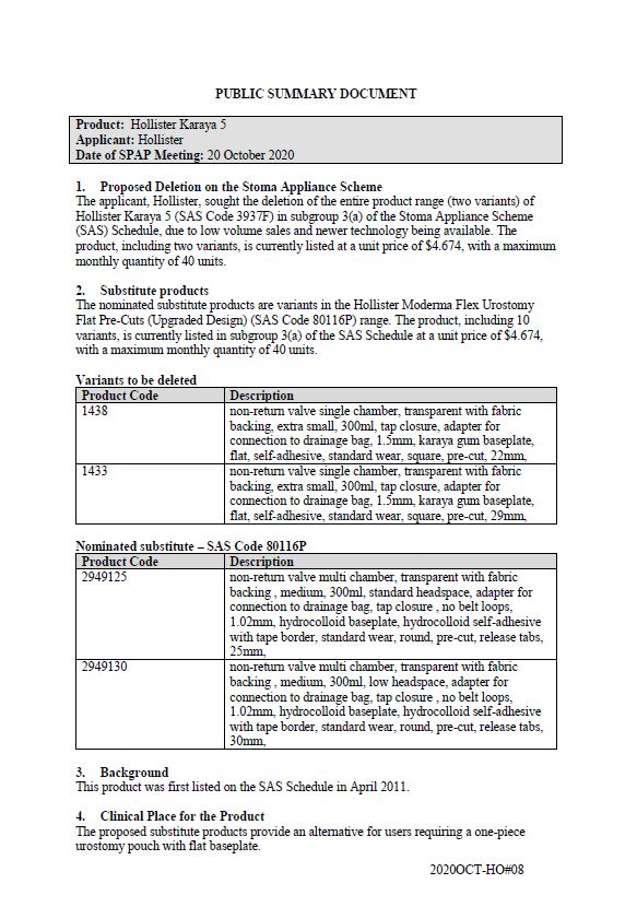 Cover image for SPAP public summary documents – October 2020 – Hollister Karaya 5 one-piece urostomy pouch with flat baseplate