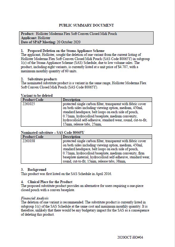 Cover image for SPAP public summary documents – October 2020 – Hollister Moderma Flex soft convex closed midi pouch