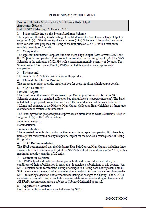 Cover image for SPAP public summary documents – October 2020 – Hollister Moderma Flex soft convex high output