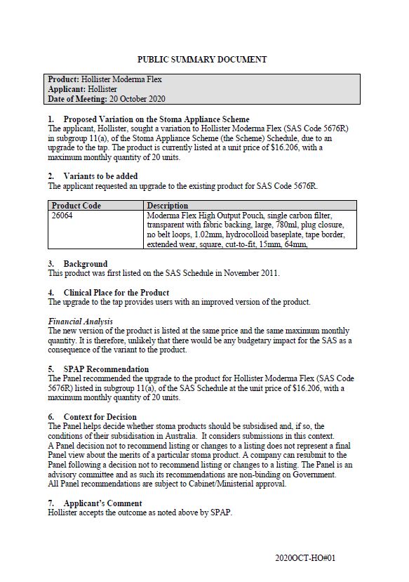 Cover image for SPAP public summary documents – October 2020 – Hollister Moderna Flex