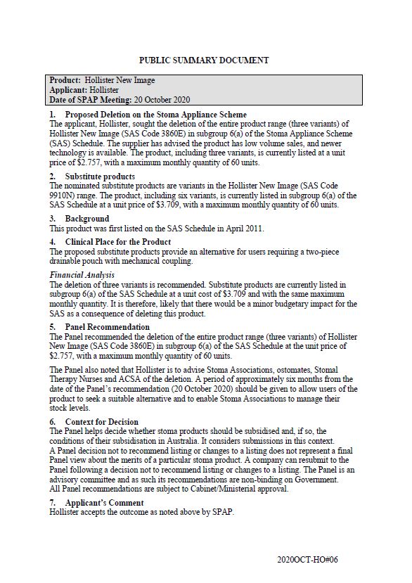 Cover image for SPAP public summary documents – October 2020 – Hollister New Image two-piece drainable pouch with mechanical coupling
