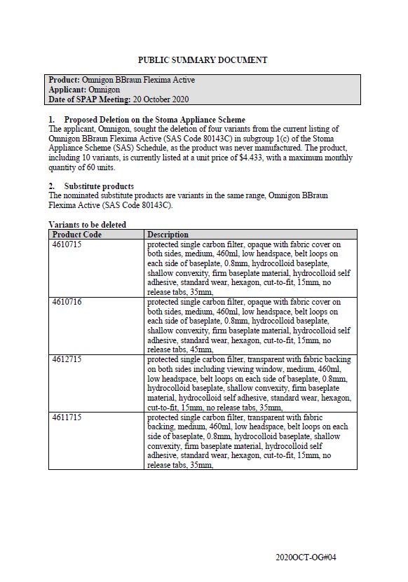 Cover image for SPAP public summary documents – October 2020 – Omnigon BBraun Flexima Active 1-piece closed pouch with a convex baseplate 