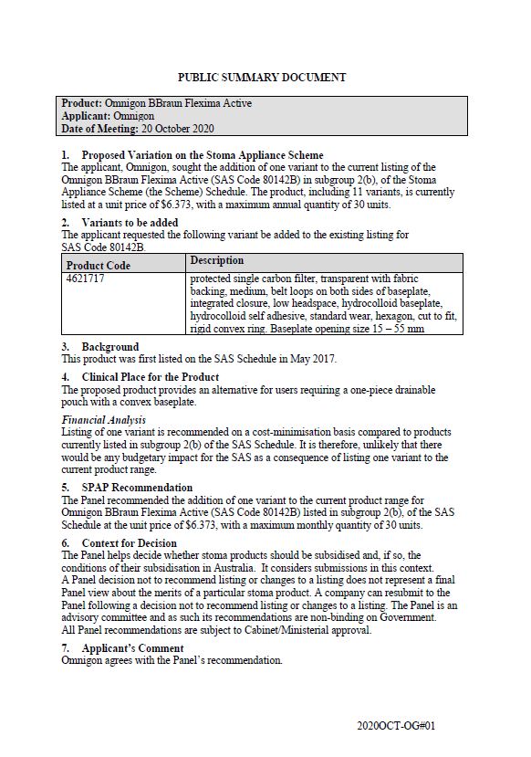 Cover image for SPAP public summary documents – October 2020 – Omnigon BBraun Flexima Active 1-piece drainable pouch with a convex baseplate