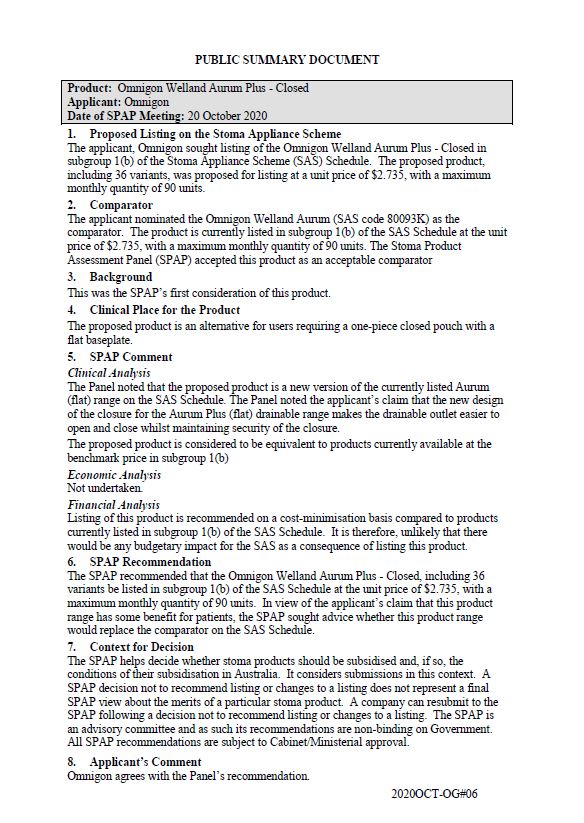 Cover image for SPAP public summary documents – October 2020 – Omnigon Welland Aurum Plus closed