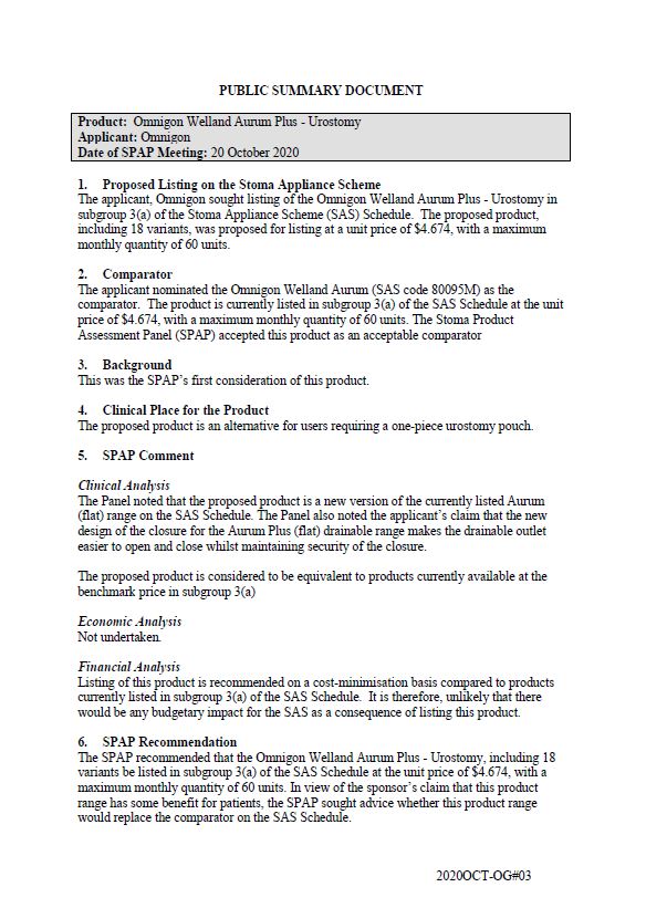 Cover image for SPAP public summary documents – October 2020 – Omnigon Welland Aurum Plus urostomy