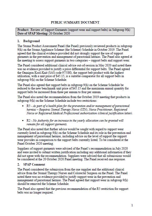 Cover image for Stoma Product Assessment Panel public summary documents – October 2020 – review of support garments
