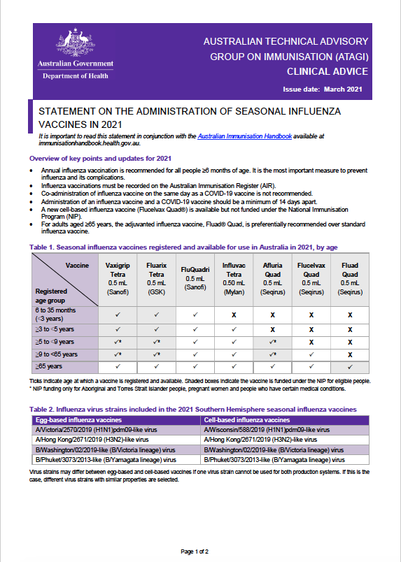 Cover image for ATAGI Statement On The Administration Of Seasonal Influenza Vaccines In 2021
