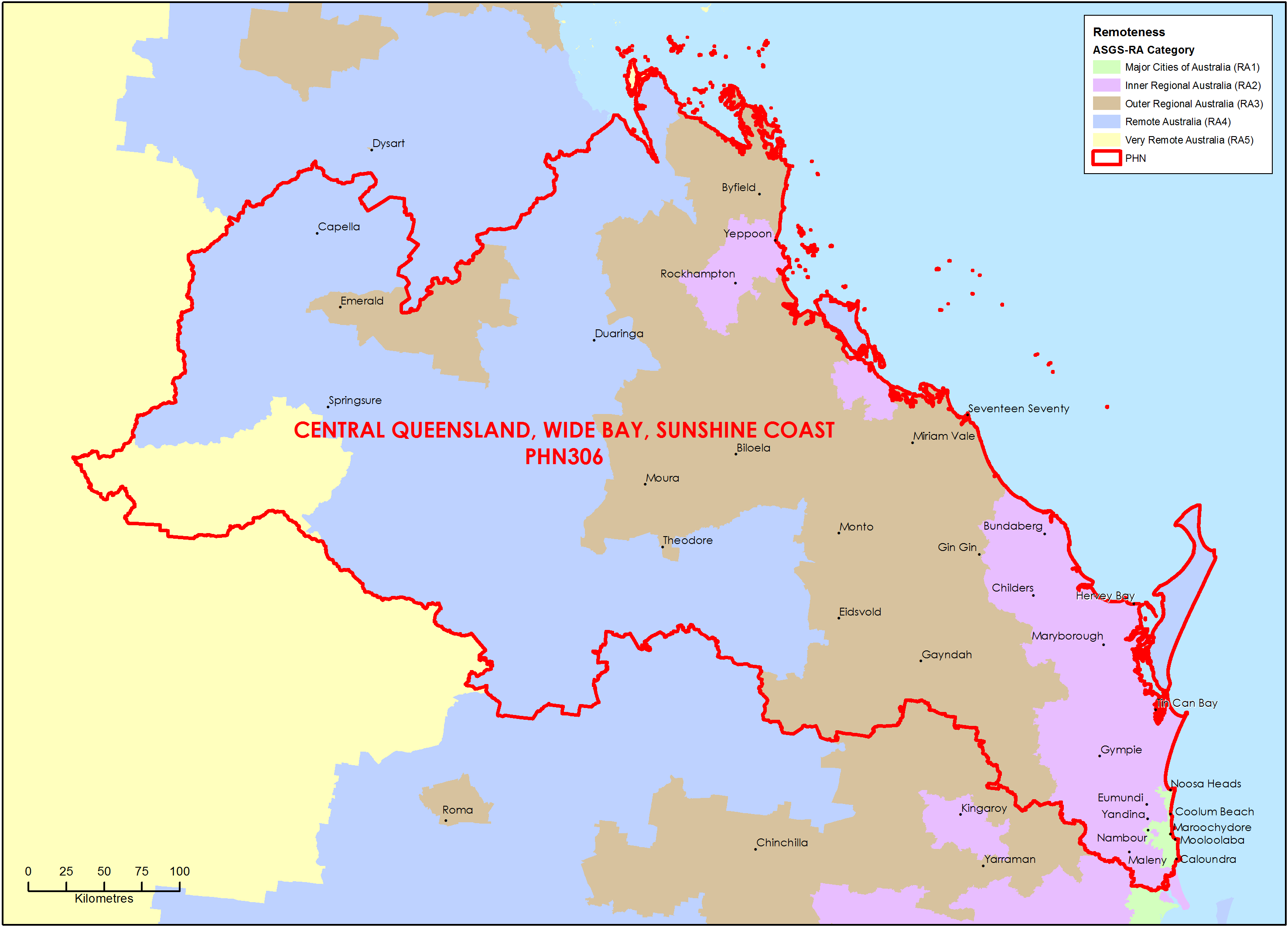 Central Queensland, Wide Bay, Sunshine Coast PHN ASGS remoteness area map