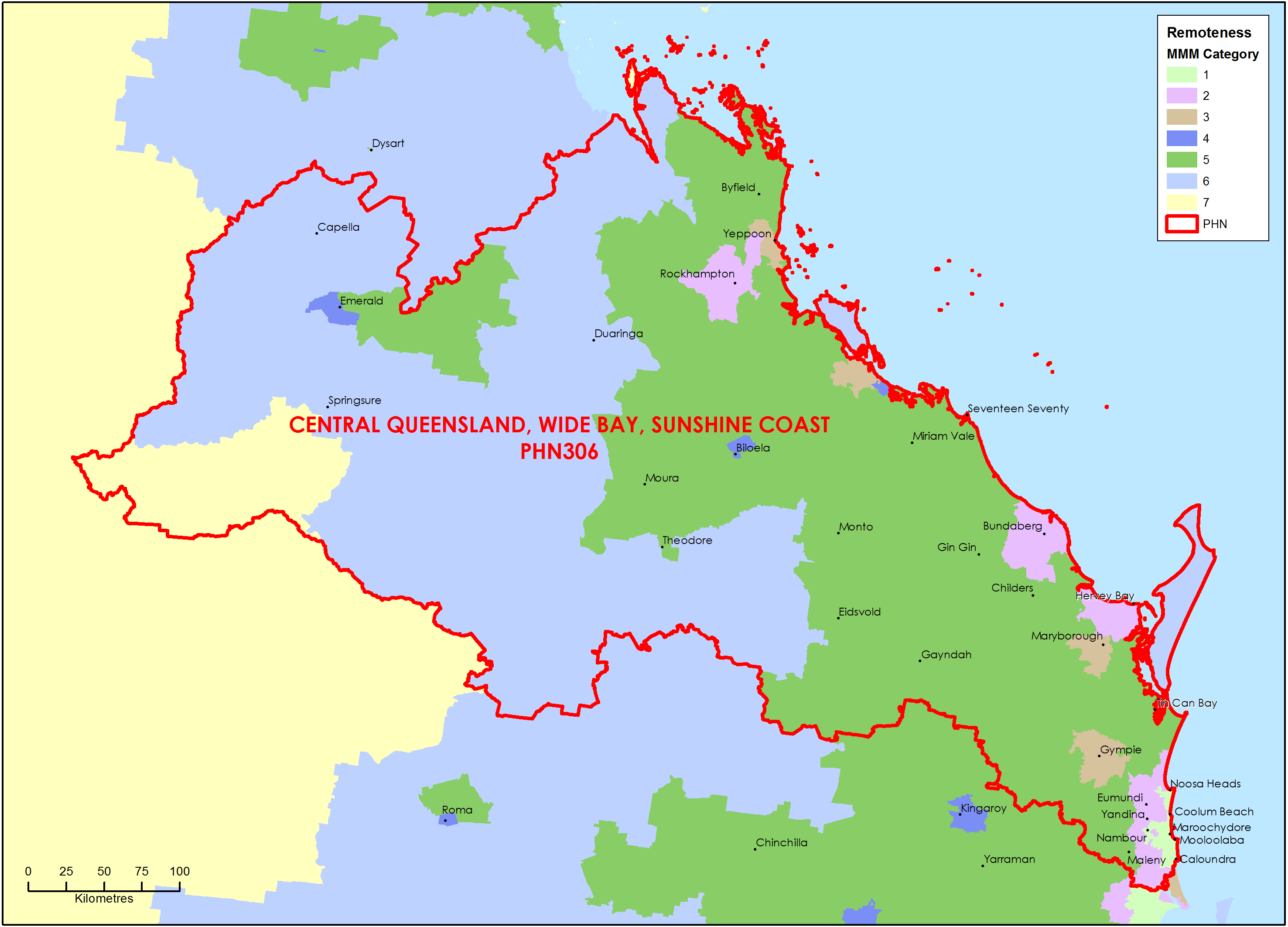 Central Queensland, Wide Bay, Sunshine Coast PHN MMM remoteness area map