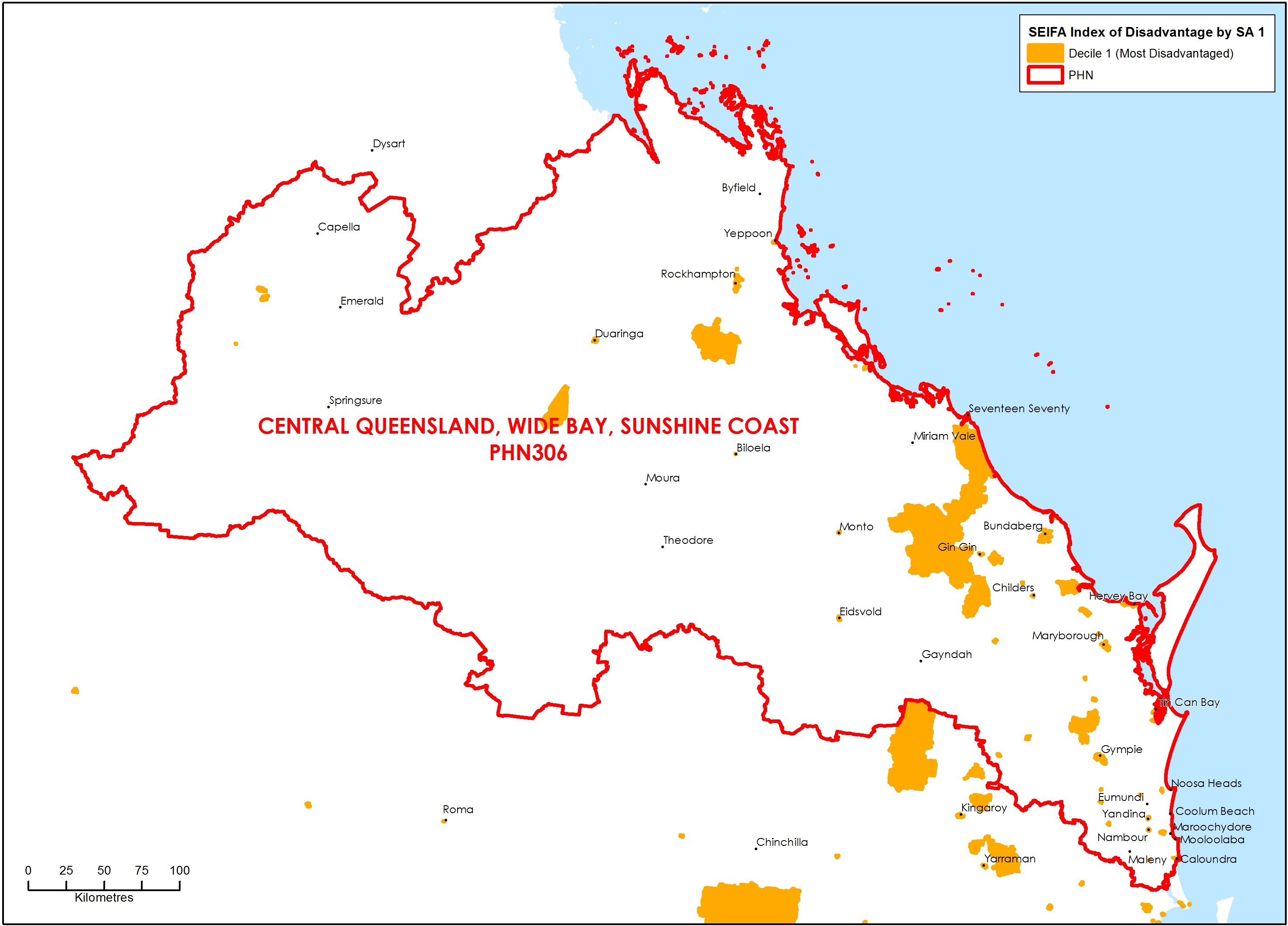 Central Queensland, Wide Bay, Sunshine Coast PHN socioeconomic disadvantage map