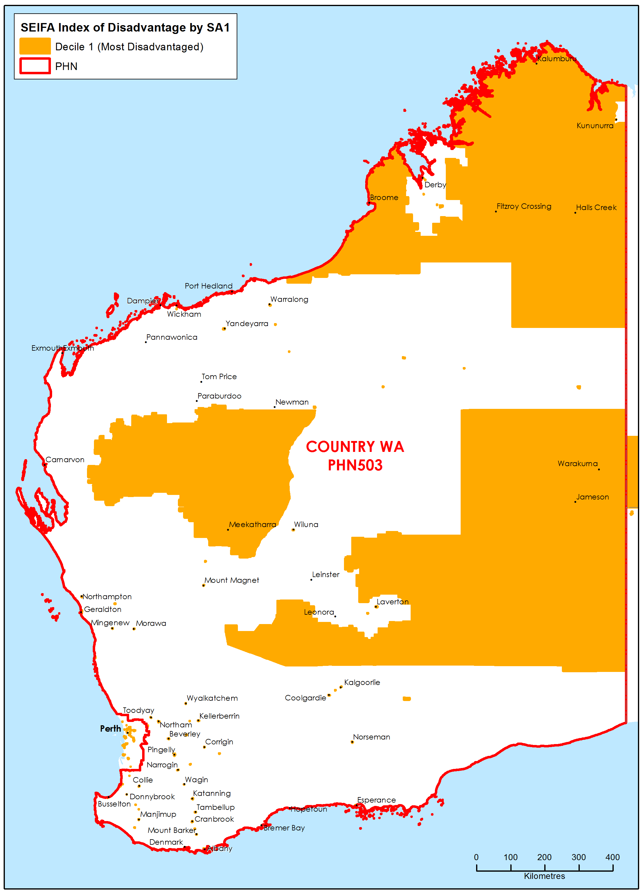Country WA PHN socioeconomic disadvantage map