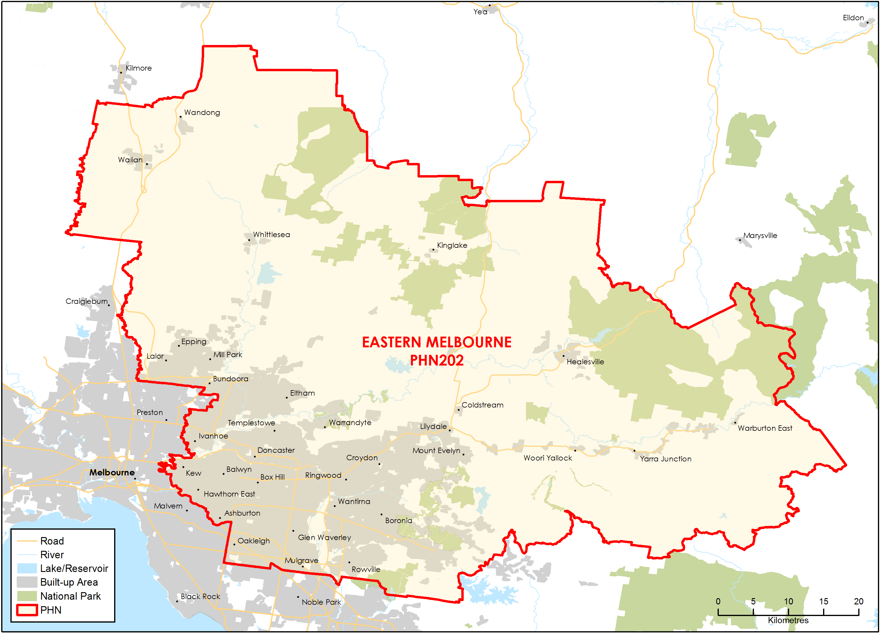 Eastern Melbourne PHN topographic map