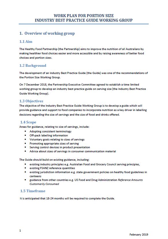 Cover image for Healthy Food Partnership – Industry Best Practice Guide Working Group work plan