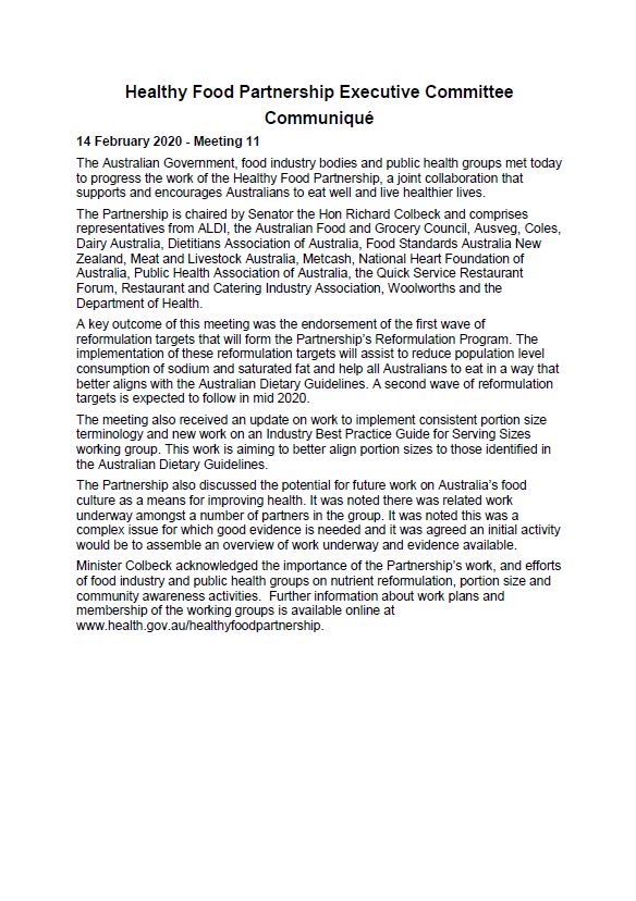 Cover image for the Healthy Food Partnership Program – Executive Committee communique – February 2020