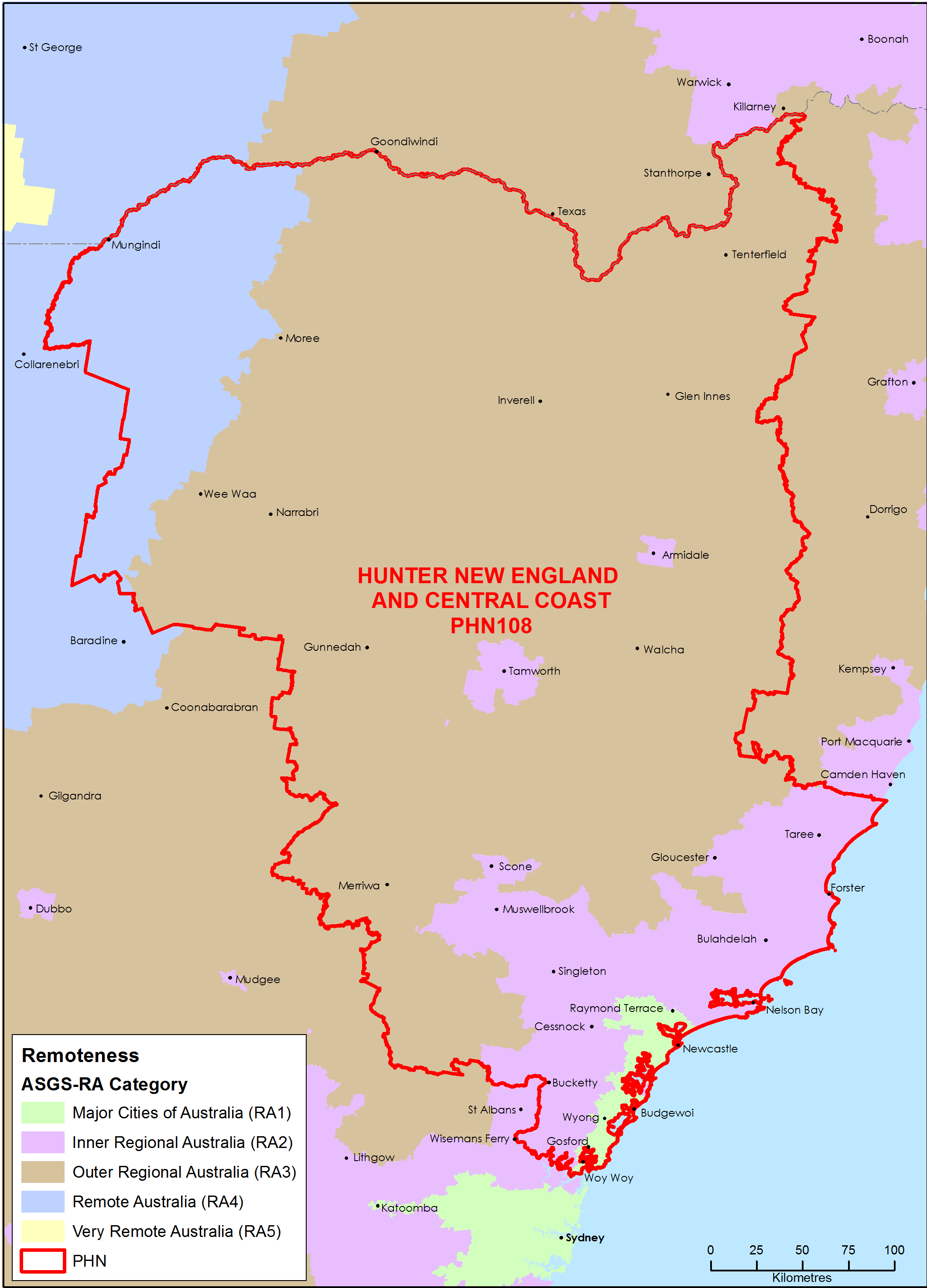 Hunter, New England and Central Coast PHN ASGS remoteness area map