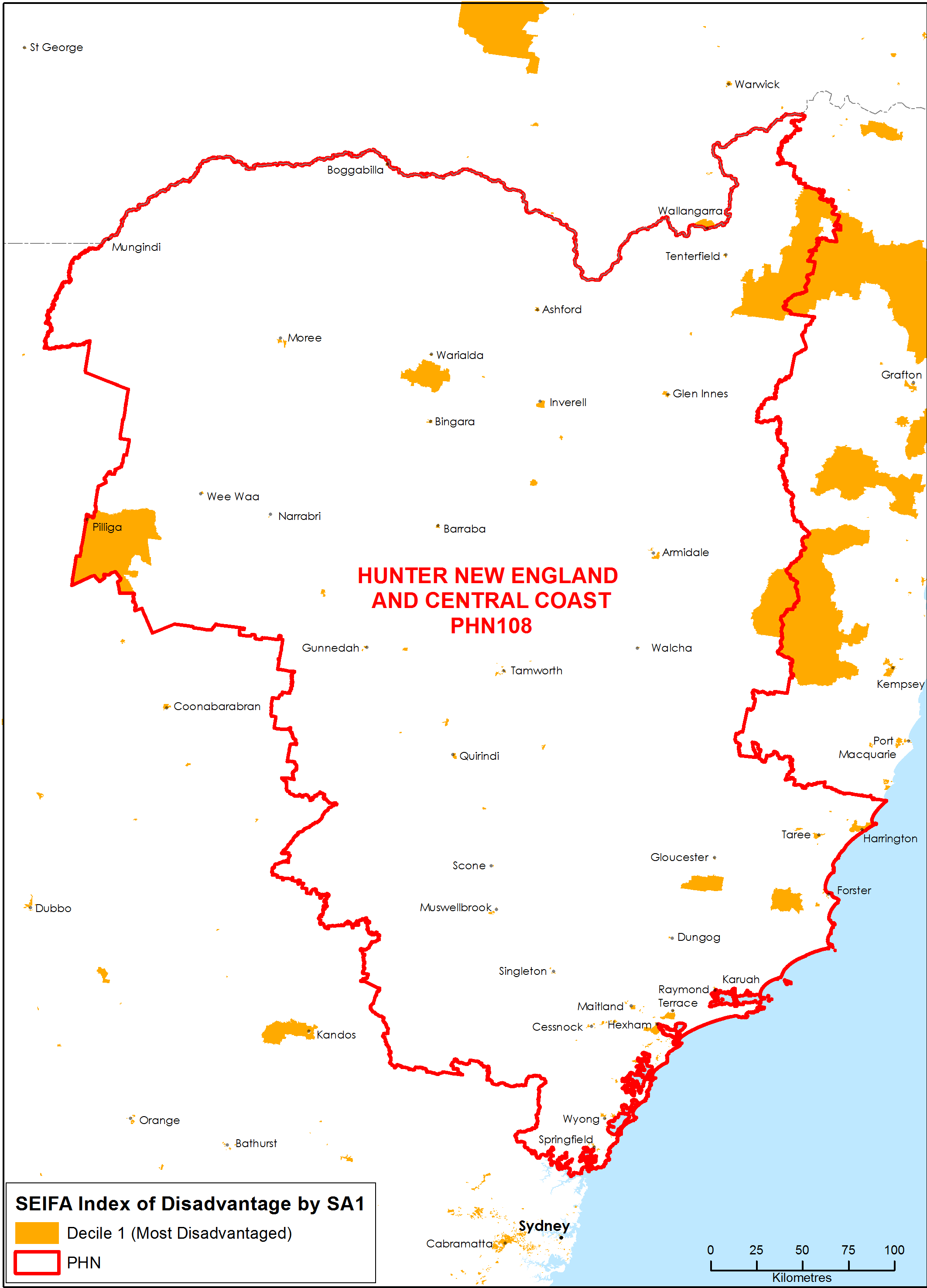 Hunter, New England and Central Coast PHN socioeconomic disadvantage map