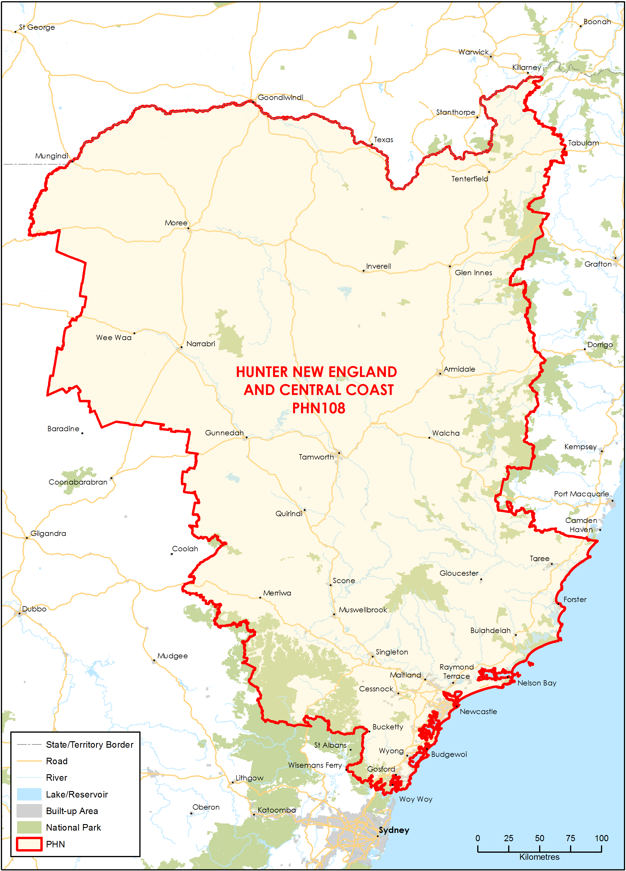 Hunter, New England and Central Coast PHN topographic map