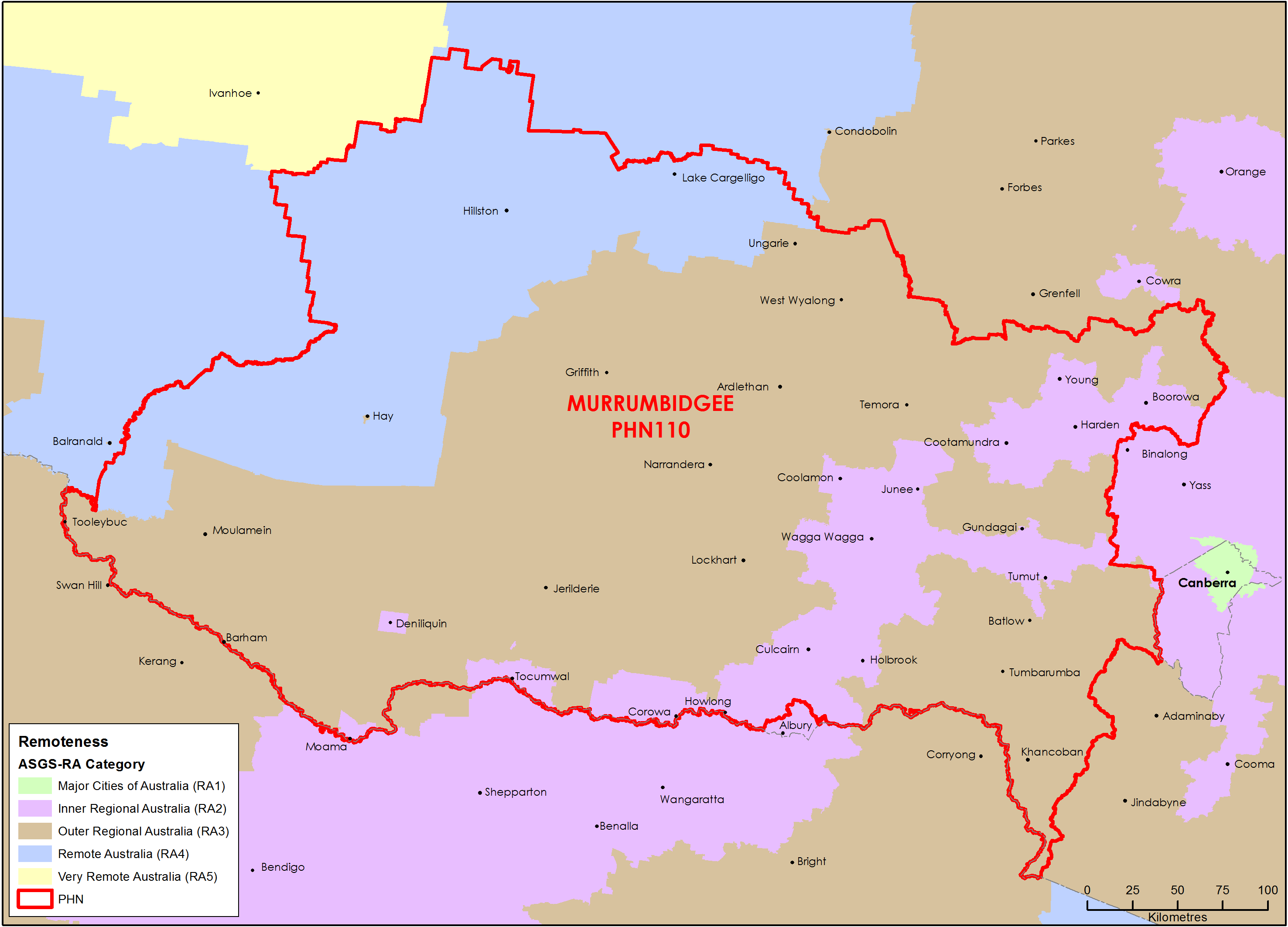 Murrumbidgee PHN ASGS remoteness area map