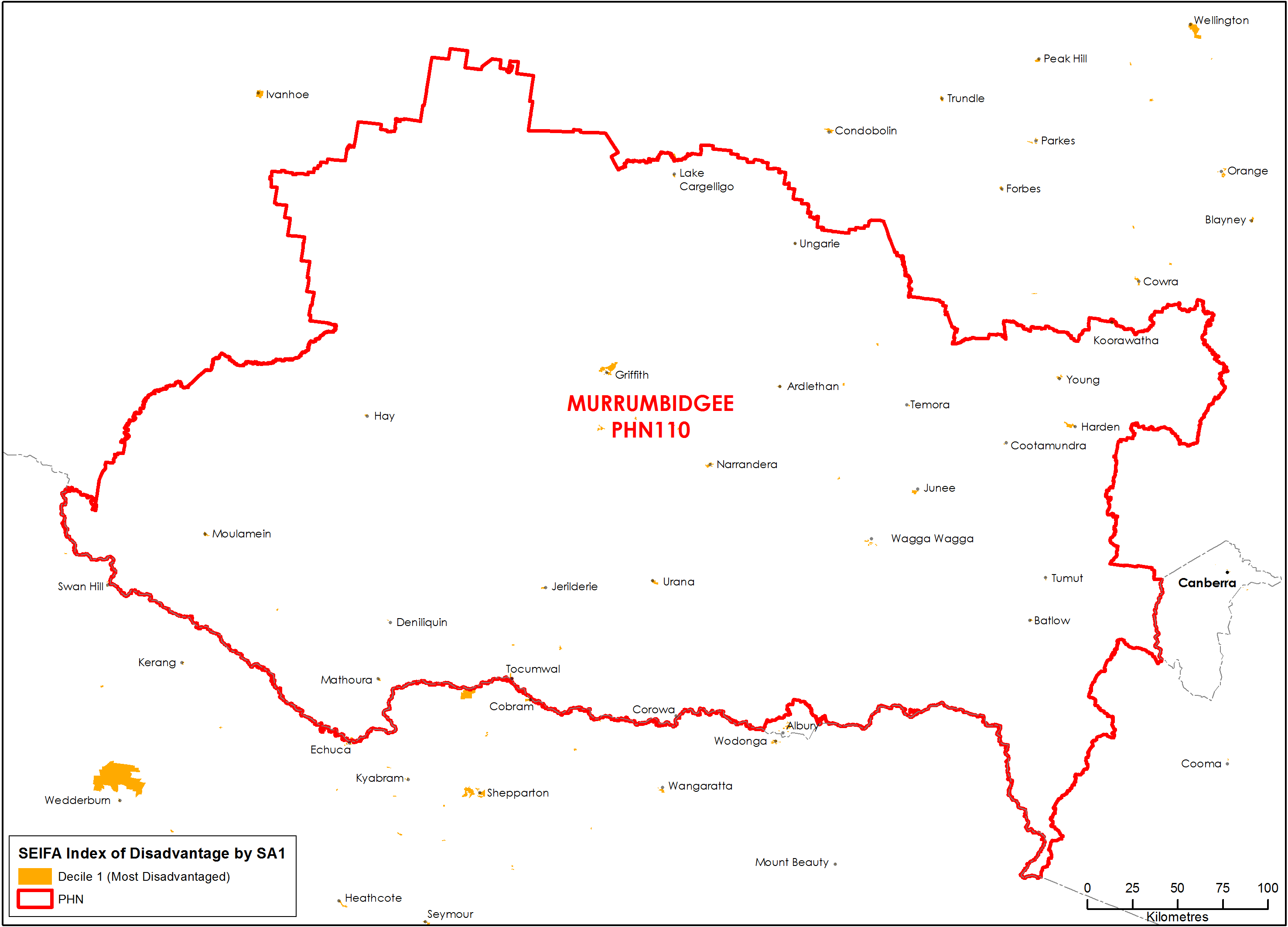 Murrumbidgee PHN socioeconomic disadvantage map