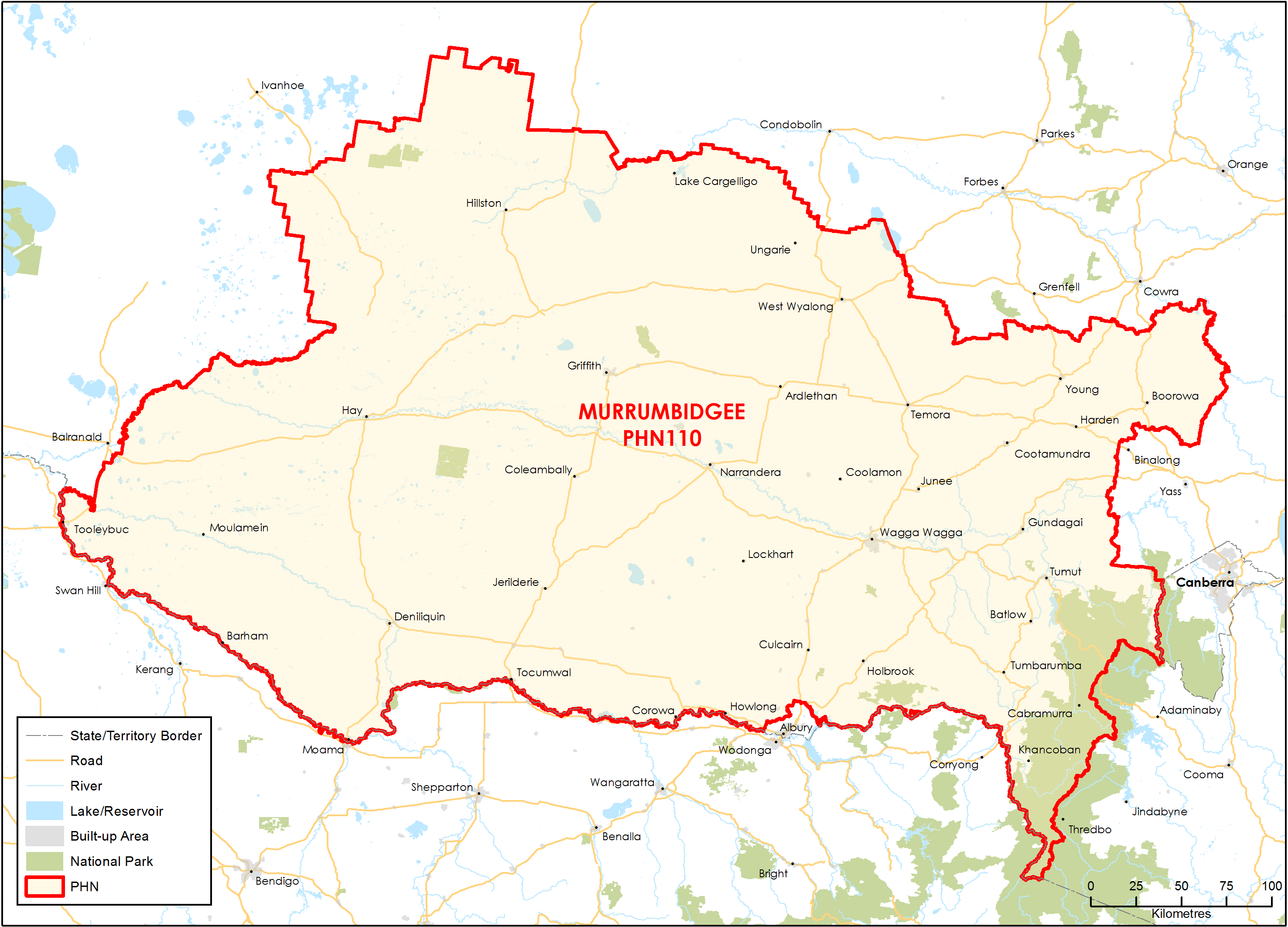 Murrumbidgee PHN topographic map