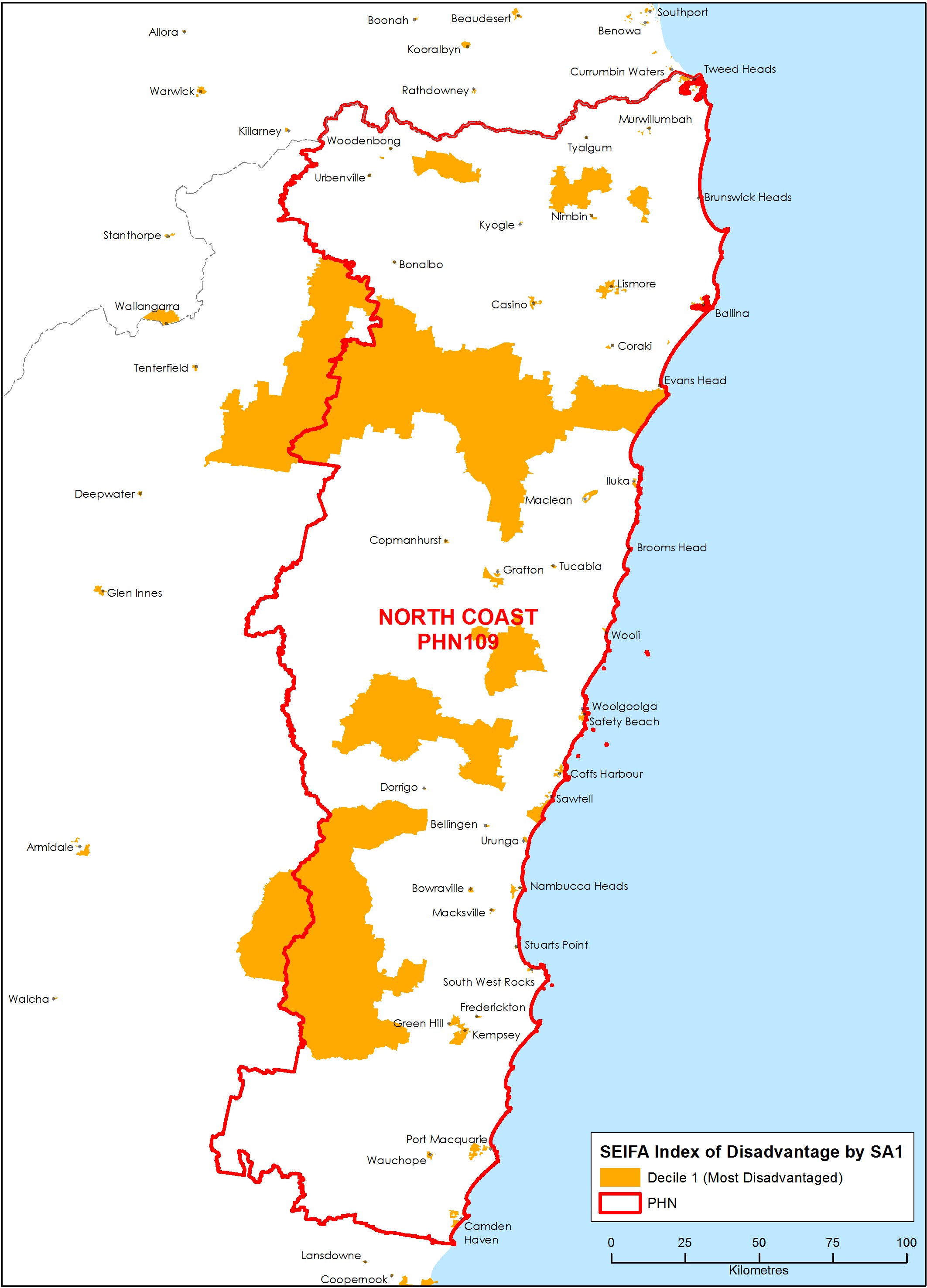 North Coast PHN socioeconomic disadvantage map